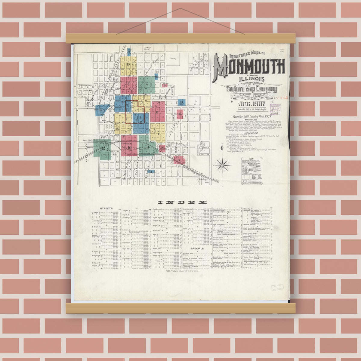 Old map wall art mockup — magnetic wood frame on brick wall — Sanborn Fire Insurance Map from Monmouth, Warren County, Illinois (1907), Sheet #0001