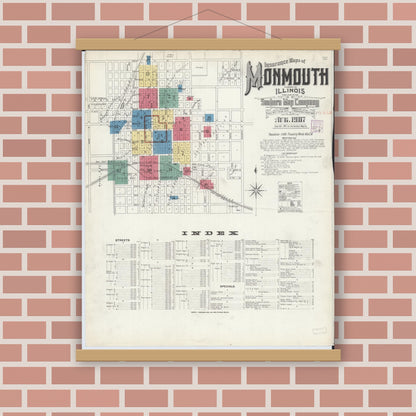 Old map wall art mockup — magnetic wood frame on brick wall — Sanborn Fire Insurance Map from Monmouth, Warren County, Illinois (1907), Sheet #0001