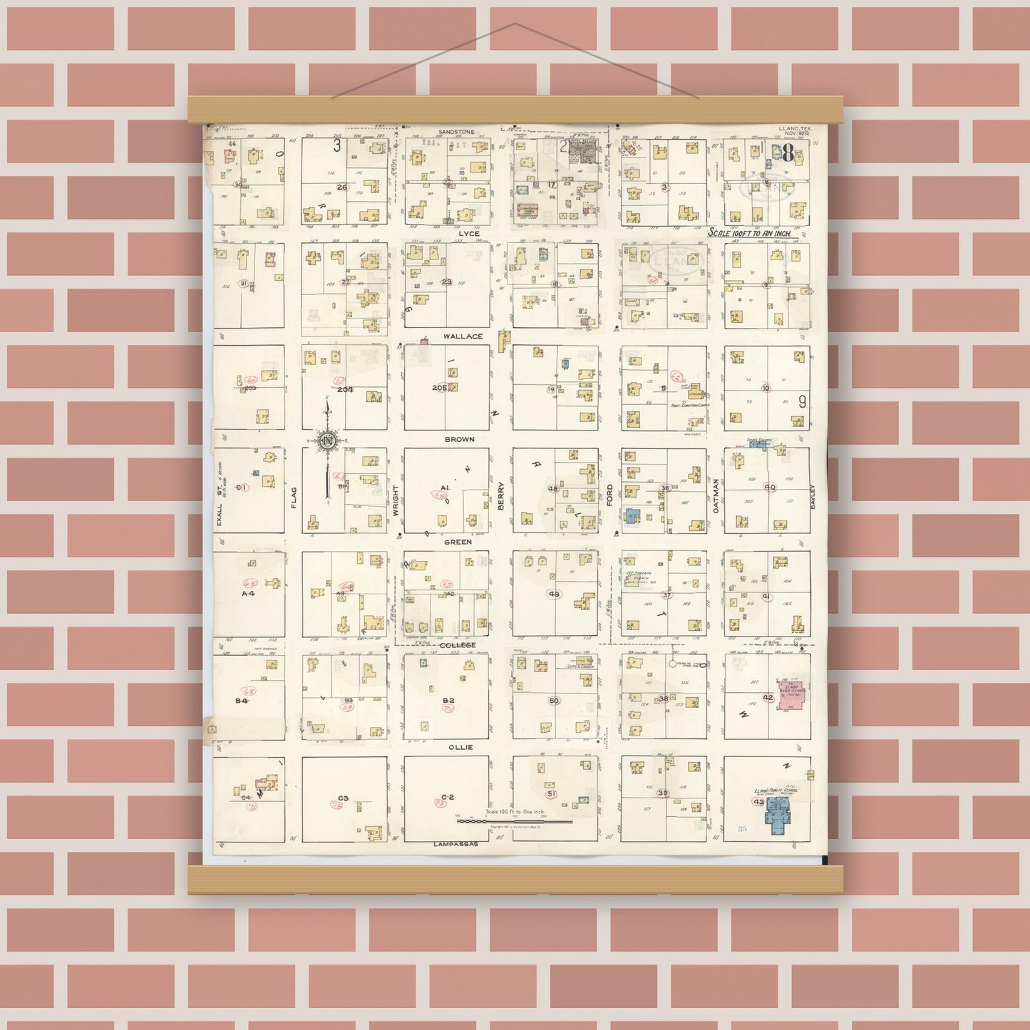 Old map wall art mockup — magnetic wood frame on brick wall — Sanborn Fire Insurance Map from Llano, Llano County, Texas (1942), Sheet #0008