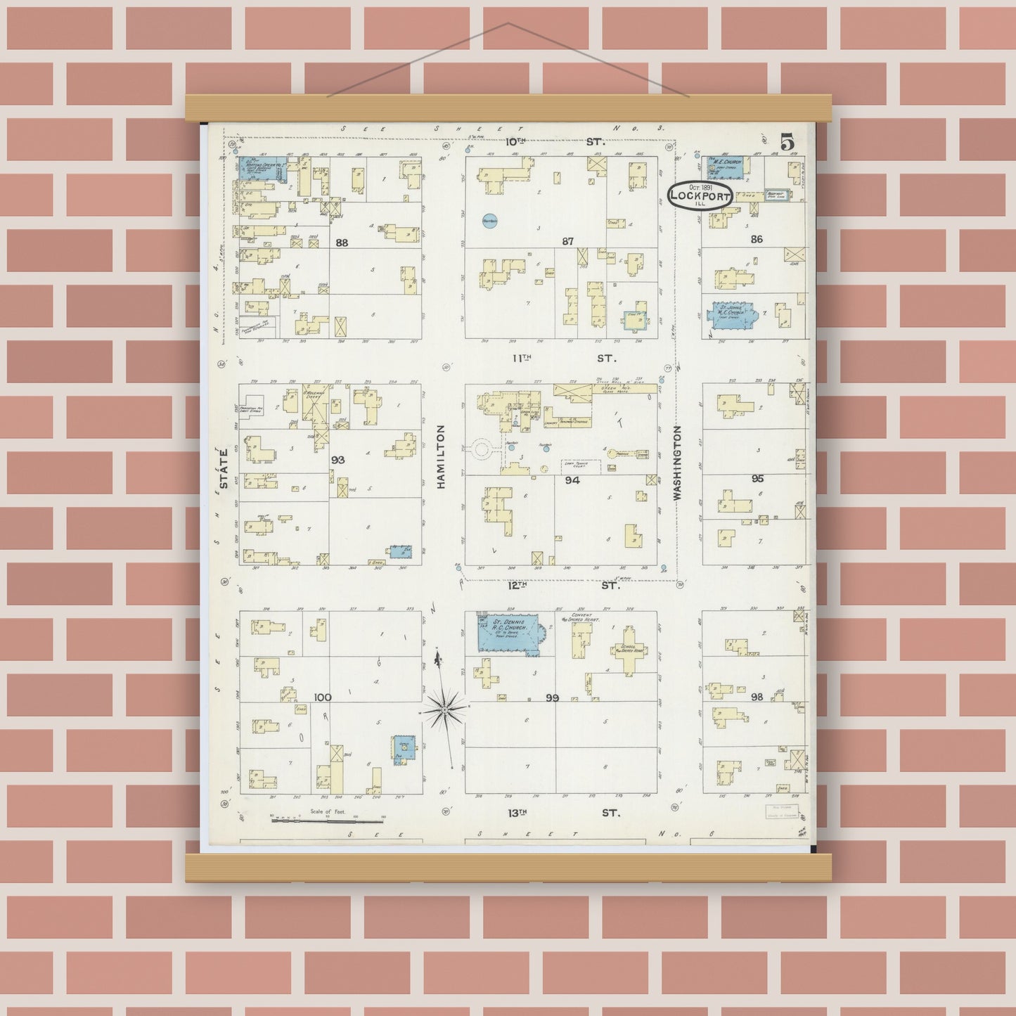 Old map wall art mockup — magnetic wood frame on brick wall — Sanborn Fire Insurance Map from Lockport, Will County, Illinois (1891), Sheet #0005