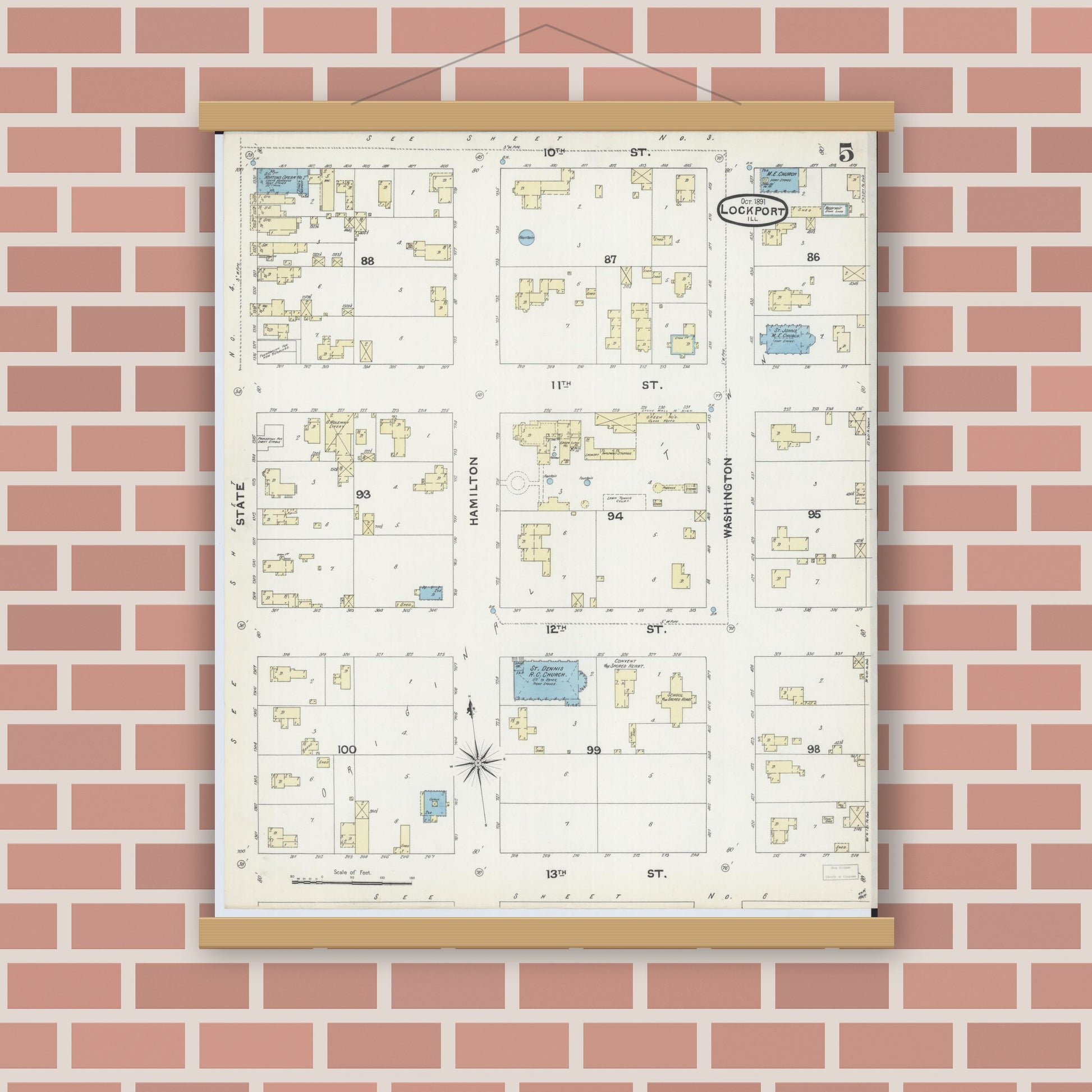 Old map wall art mockup — magnetic wood frame on brick wall — Sanborn Fire Insurance Map from Lockport, Will County, Illinois (1891), Sheet #0005