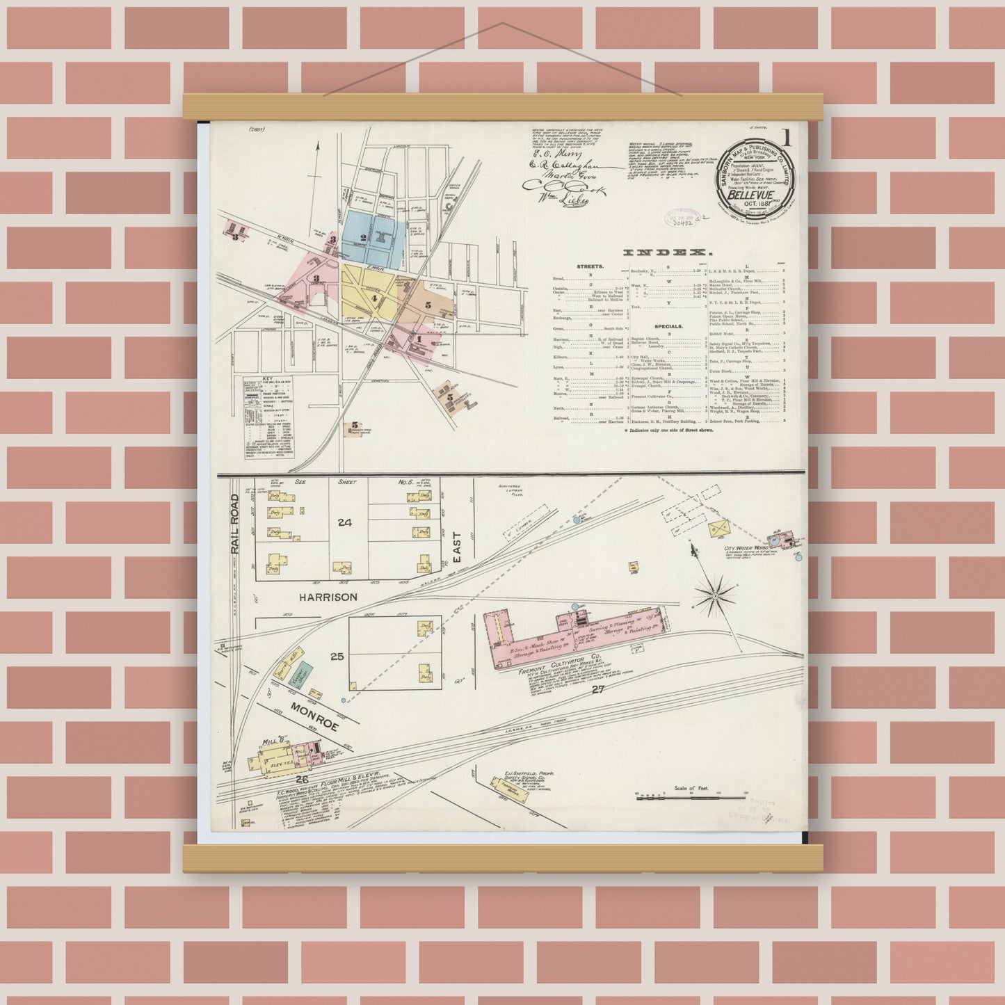 Old map wall art mockup — magnetic wood frame on brick wall — Sanborn Fire Insurance Map from Bellevue, Huron And Sandusky County, Ohio (1887), Sheet #0001