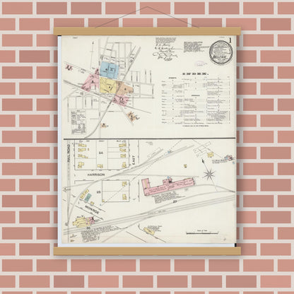 Old map wall art mockup — magnetic wood frame on brick wall — Sanborn Fire Insurance Map from Bellevue, Huron And Sandusky County, Ohio (1887), Sheet #0001
