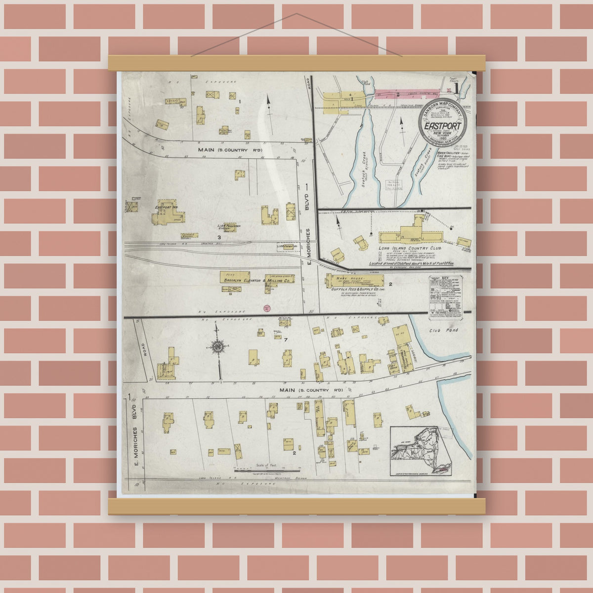 Old map wall art mockup — magnetic wood frame on brick wall — Sanborn Fire Insurance Map from Eastport, Suffolk County, New York (1920) - Complete Map Set