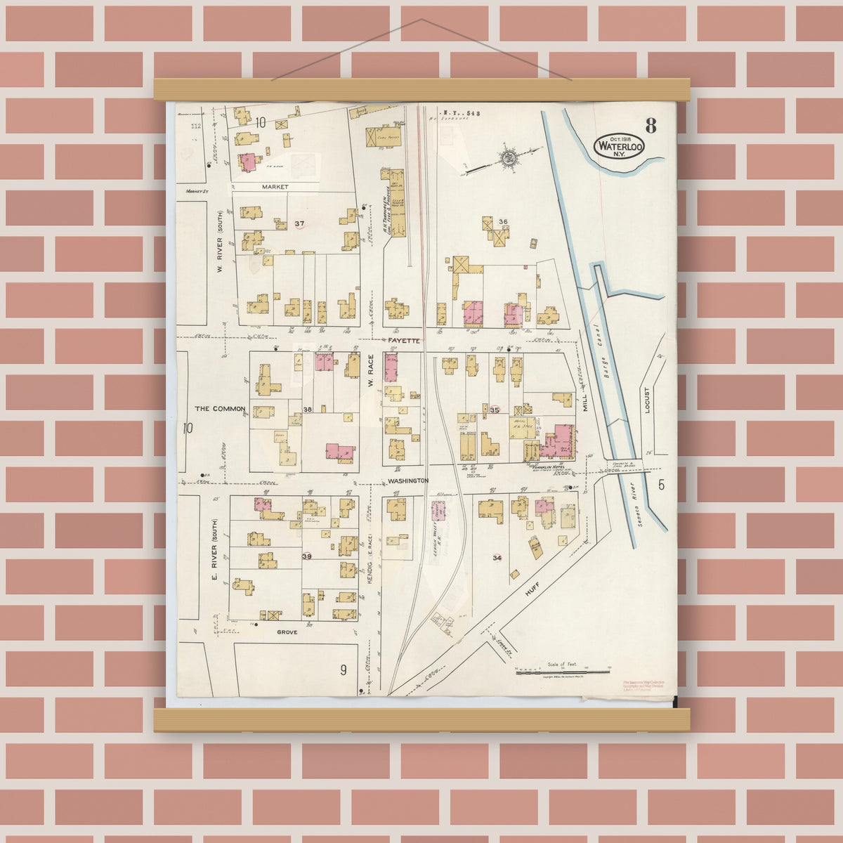 Old map wall art mockup — magnetic wood frame on brick wall — Sanborn Fire Insurance Map from Waterloo, Seneca County, New York (1948), Sheet #0008