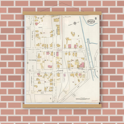 Old map wall art mockup — magnetic wood frame on brick wall — Sanborn Fire Insurance Map from Waterloo, Seneca County, New York (1948), Sheet #0008