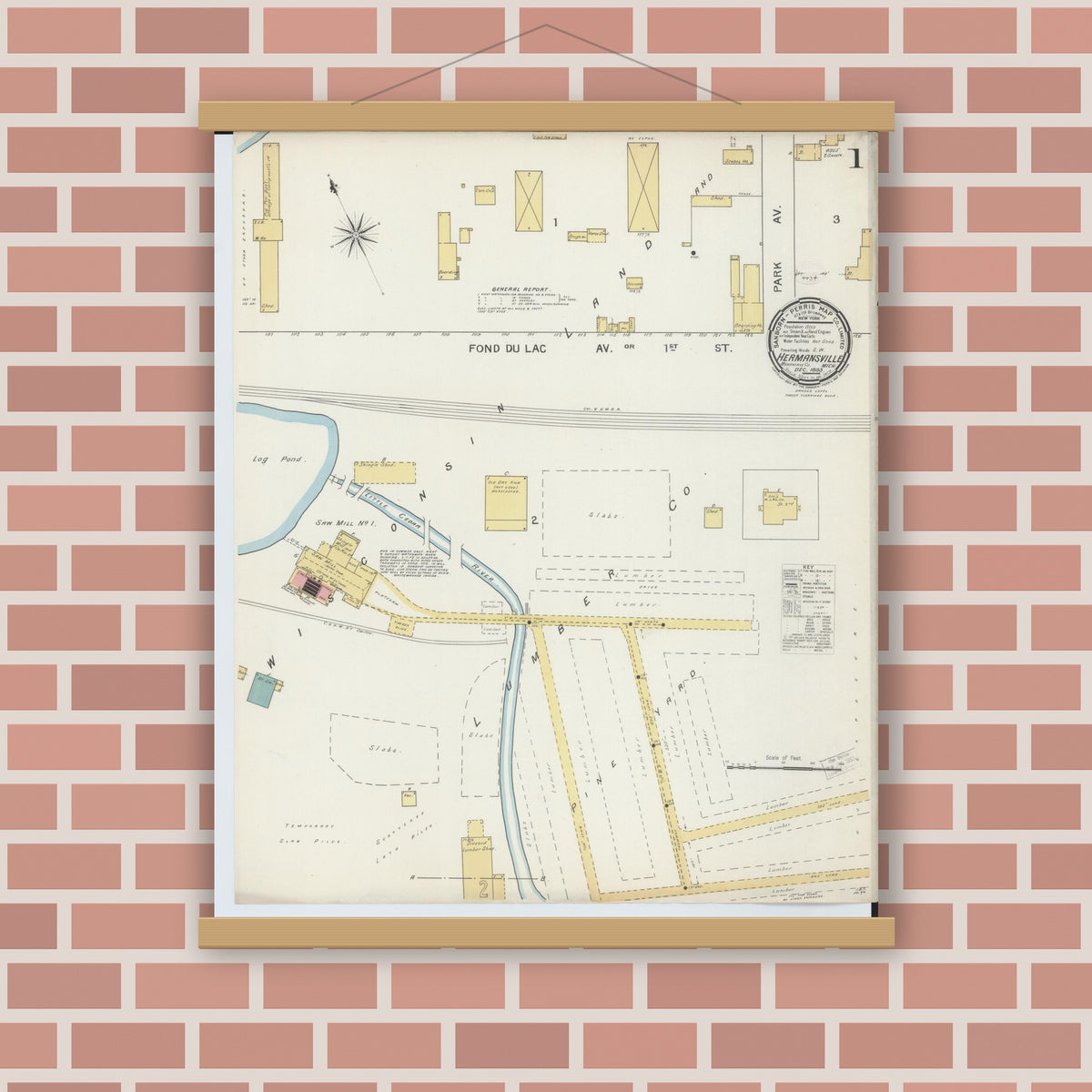 Old map wall art mockup — magnetic wood frame on brick wall — Sanborn Fire Insurance Map from Hermansville, Menominee County, Michigan (1893), Sheet #0001