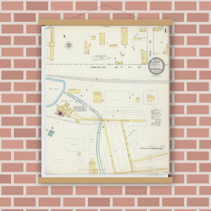 Old map wall art mockup — magnetic wood frame on brick wall — Sanborn Fire Insurance Map from Hermansville, Menominee County, Michigan (1893), Sheet #0001