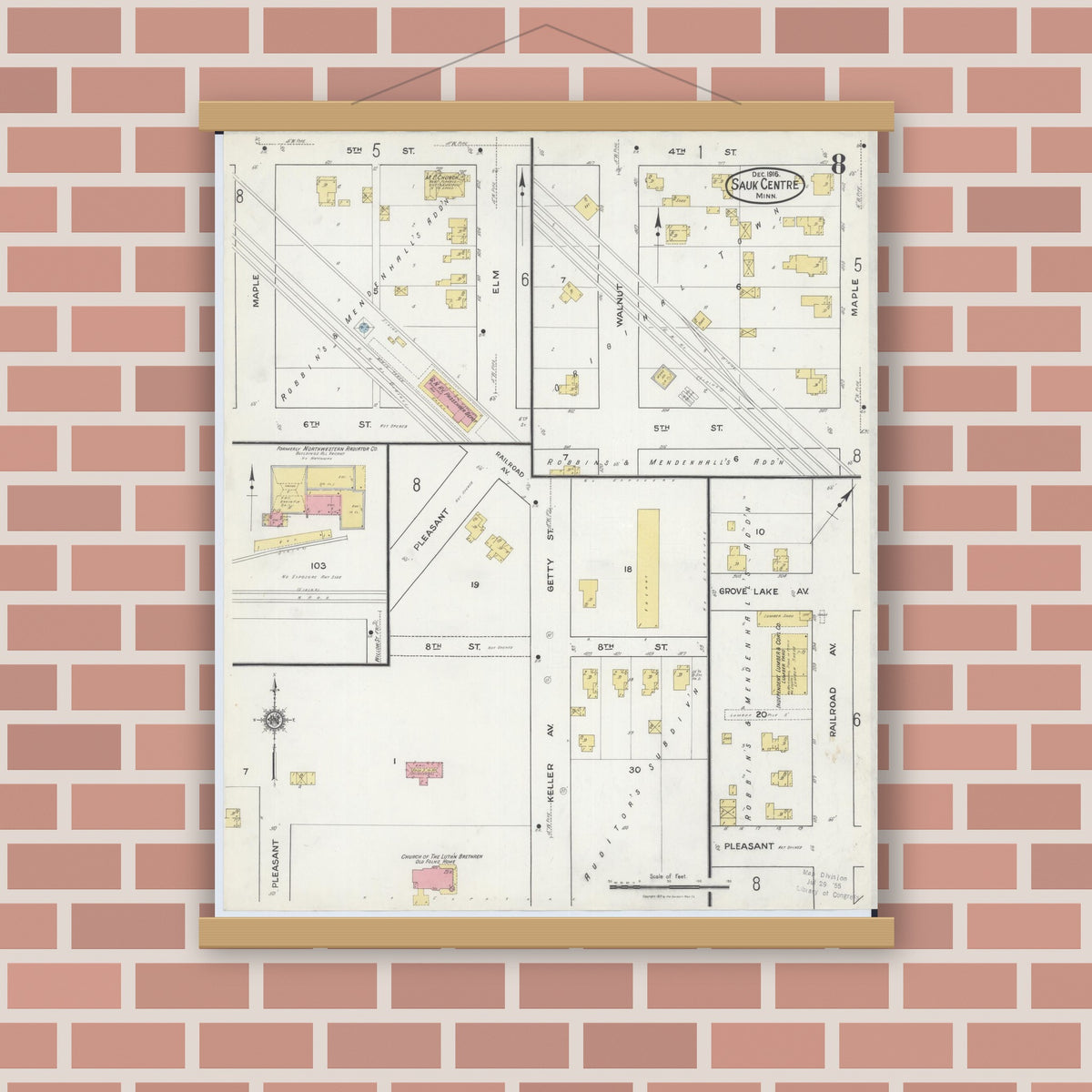 Old map wall art mockup — magnetic wood frame on brick wall — Sanborn Fire Insurance Map from Sauk Centre, Stearns County, Minnesota (1916), Sheet #0008