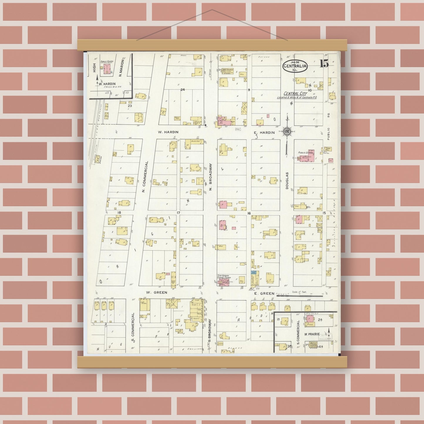 Old map wall art mockup — magnetic wood frame on brick wall — Sanborn Fire Insurance Map from Centralia, Marion, Clinton, Jefferson, and Washington Counties, Illinois (1916), Sheet #0015
