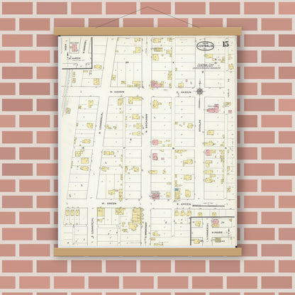 Old map wall art mockup — magnetic wood frame on brick wall — Sanborn Fire Insurance Map from Centralia, Marion, Clinton, Jefferson, and Washington Counties, Illinois (1916), Sheet #0015