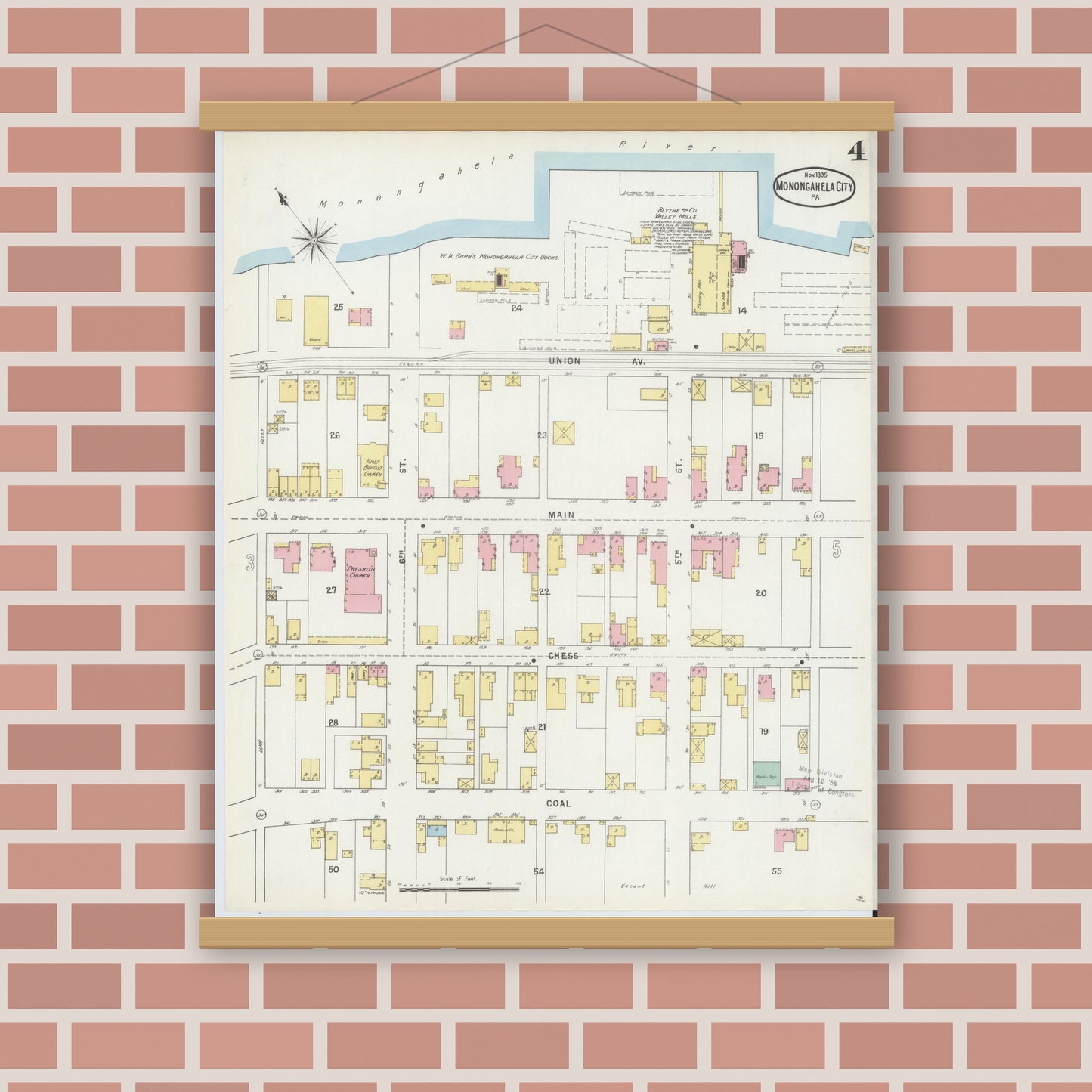 Old map wall art mockup — magnetic wood frame on brick wall — Sanborn Fire Insurance Map from Monongahela City, Washington County, Pennsylvania (1895), Sheet #0004