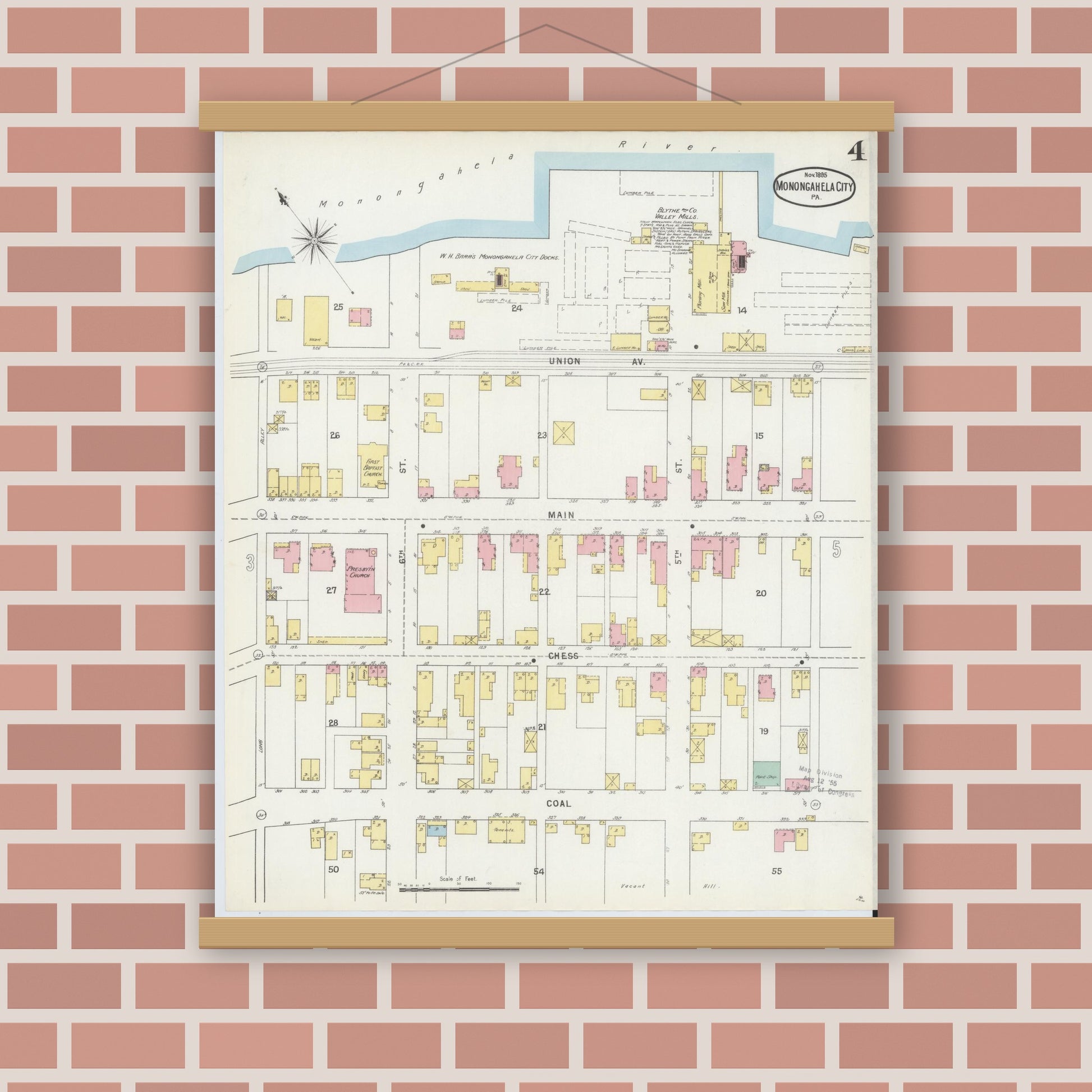 Old map wall art mockup — magnetic wood frame on brick wall — Sanborn Fire Insurance Map from Monongahela City, Washington County, Pennsylvania (1895), Sheet #0004