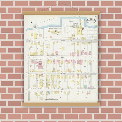 Old map wall art mockup — magnetic wood frame on brick wall — Sanborn Fire Insurance Map from Monongahela City, Washington County, Pennsylvania (1895), Sheet #0004