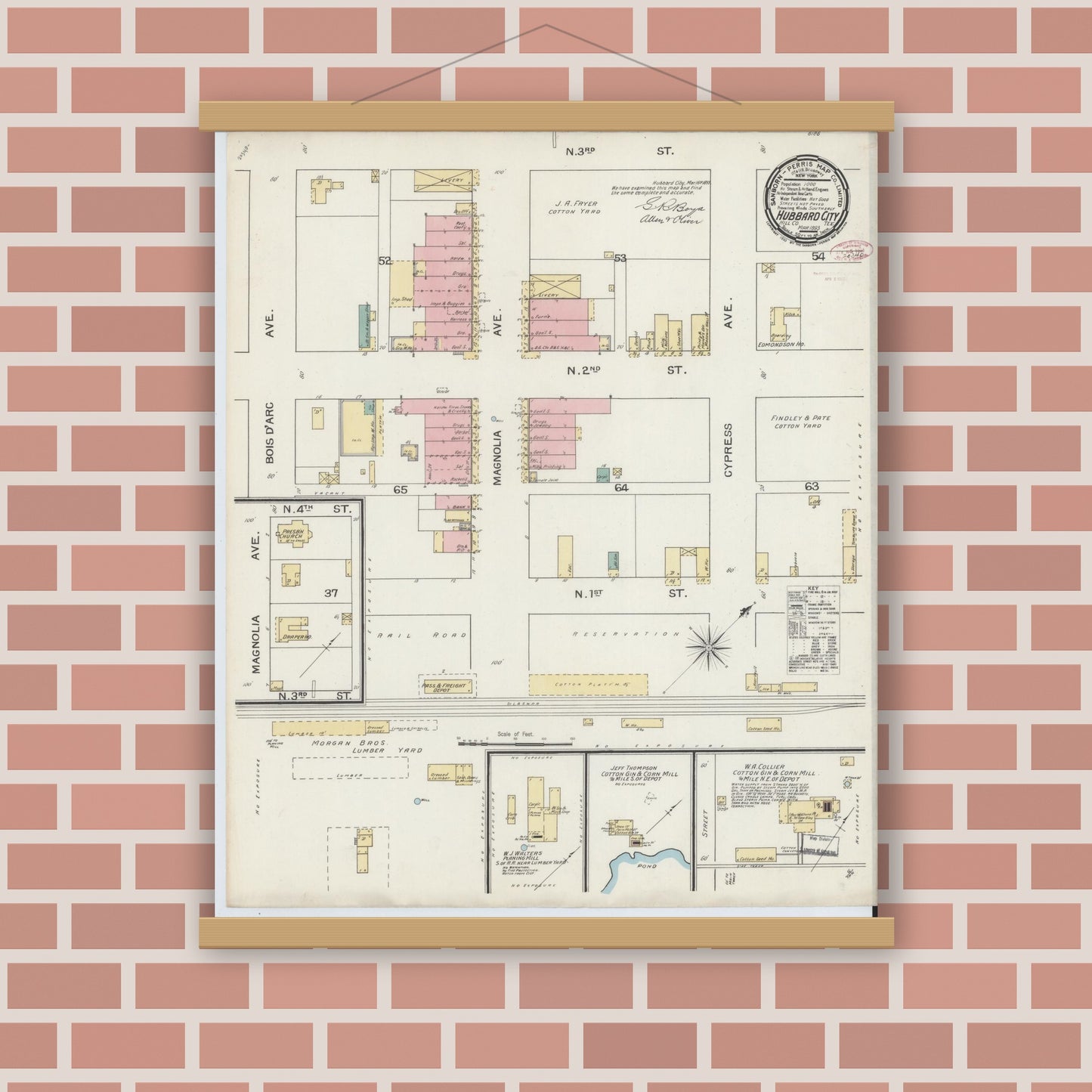 Old map wall art mockup — magnetic wood frame on brick wall — Sanborn Fire Insurance Map from Hubbard, Hill County, Texas (1893), Sheet #0001