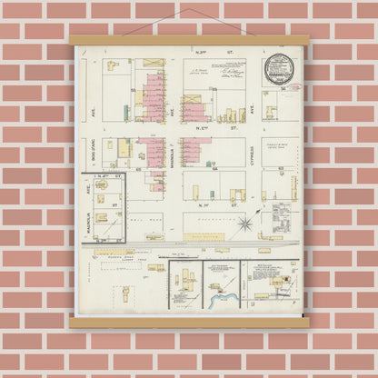 Old map wall art mockup — magnetic wood frame on brick wall — Sanborn Fire Insurance Map from Hubbard, Hill County, Texas (1893), Sheet #0001