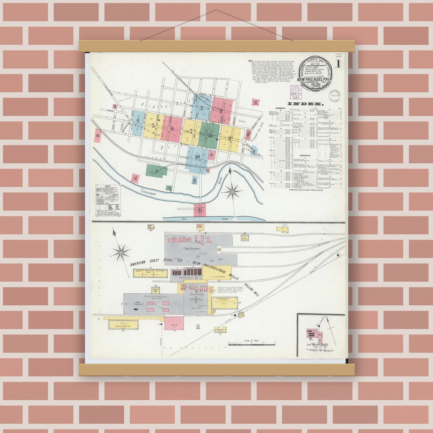 Old map wall art mockup — magnetic wood frame on brick wall — Sanborn Fire Insurance Map from New Philadelphia, Tuscarawas County, Ohio (1901), Sheet #0001