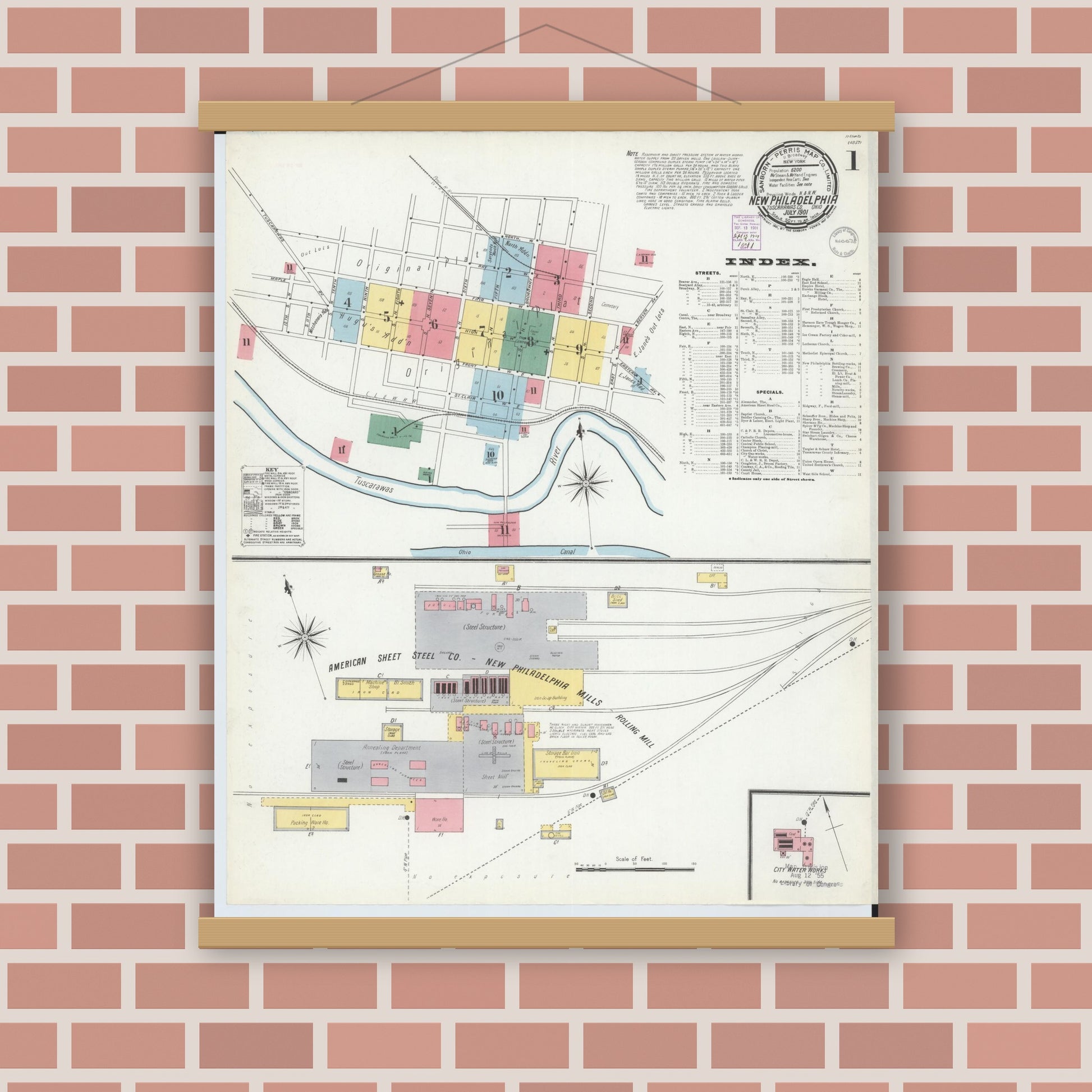 Old map wall art mockup — magnetic wood frame on brick wall — Sanborn Fire Insurance Map from New Philadelphia, Tuscarawas County, Ohio (1901), Sheet #0001