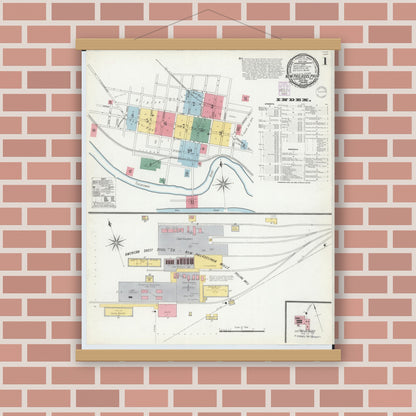 Old map wall art mockup — magnetic wood frame on brick wall — Sanborn Fire Insurance Map from New Philadelphia, Tuscarawas County, Ohio (1901), Sheet #0001