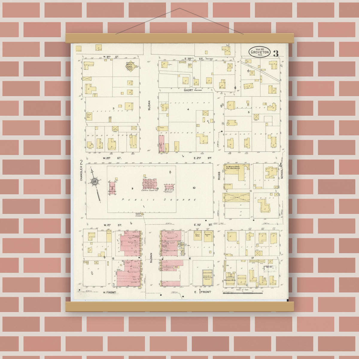 Old map wall art mockup — magnetic wood frame on brick wall — Sanborn Fire Insurance Map from Groveton, Trinity County, Texas (1912), Sheet #0003