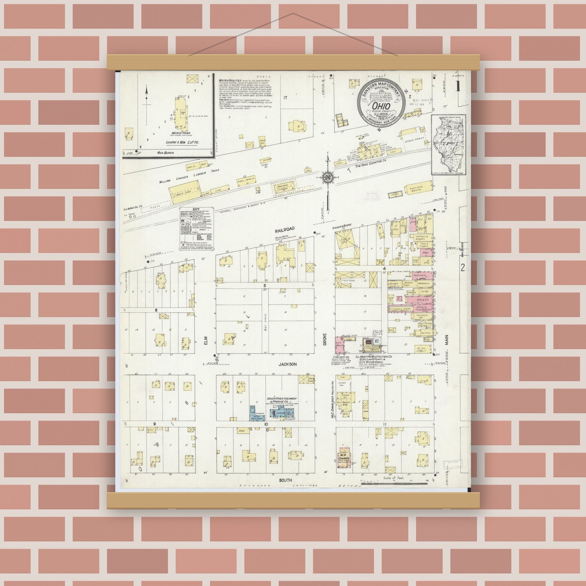 Old map wall art mockup — magnetic wood frame on brick wall — Sanborn Fire Insurance Map from Ohio, Bureau County, Illinois (1913), Sheet #0001