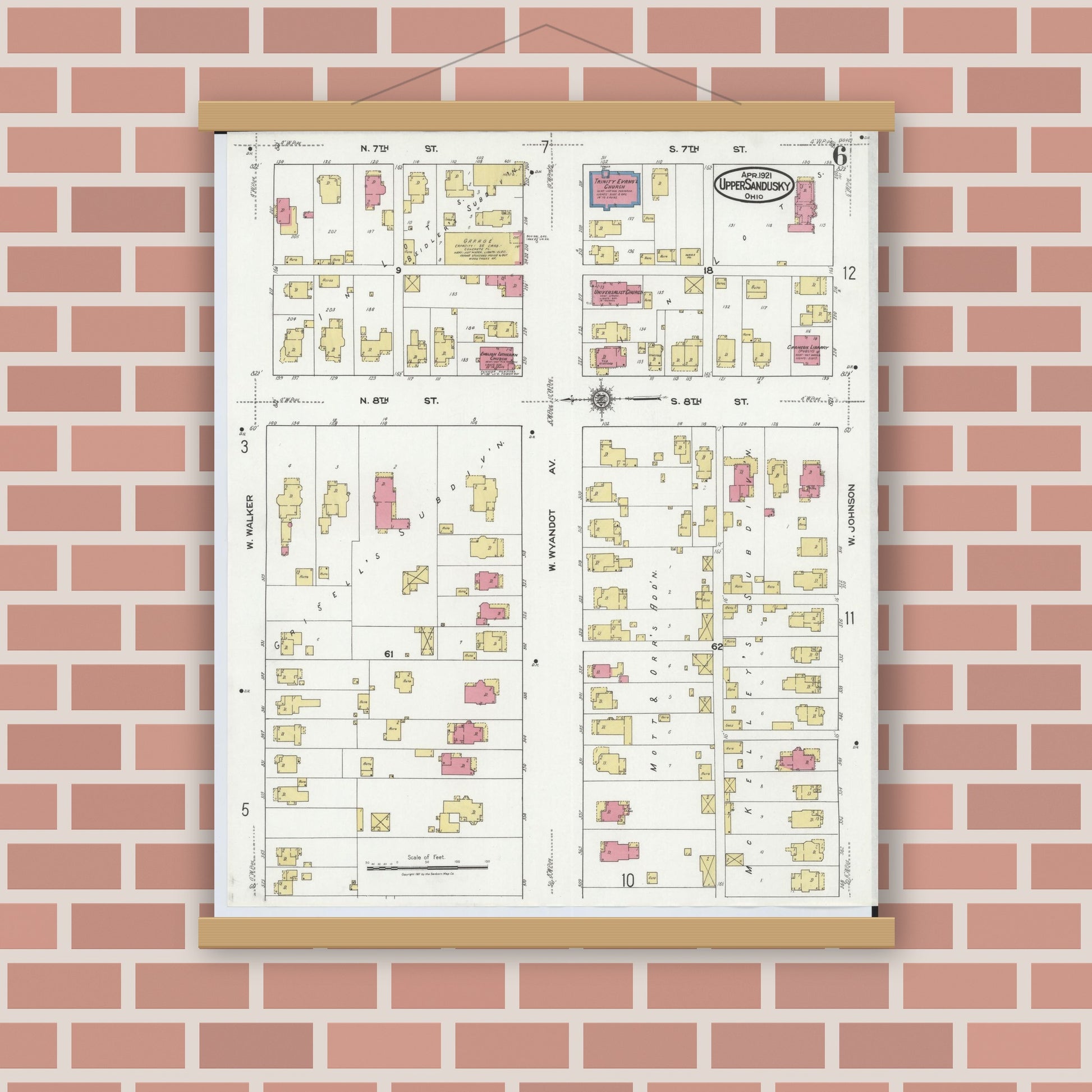 Old map wall art mockup — magnetic wood frame on brick wall — Sanborn Fire Insurance Map from Upper Sandusky, Wyandot County, Ohio (1921), Sheet #0006