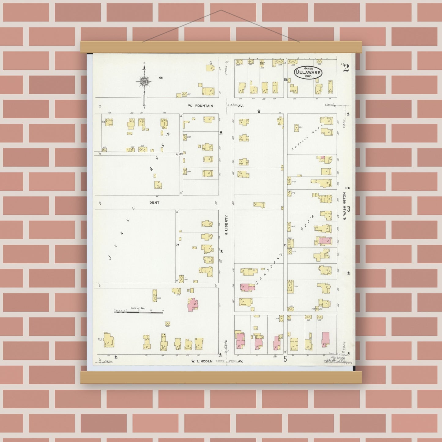 Old map wall art mockup — magnetic wood frame on brick wall — Sanborn Fire Insurance Map from Delaware, Delaware County, Ohio (1911), Sheet #0002
