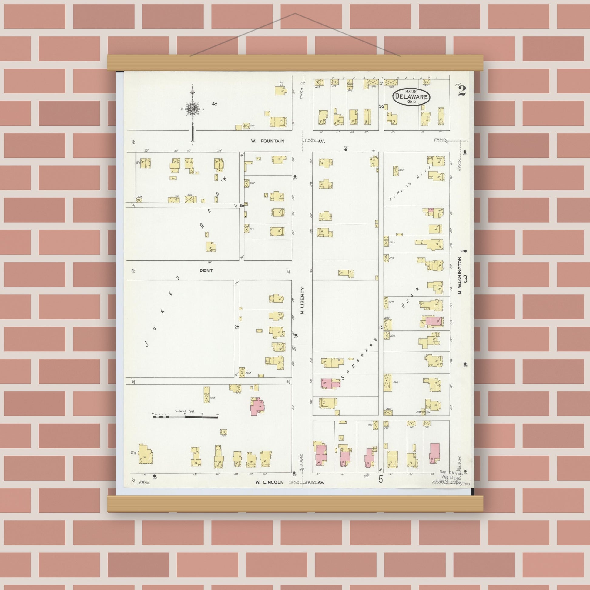Old map wall art mockup — magnetic wood frame on brick wall — Sanborn Fire Insurance Map from Delaware, Delaware County, Ohio (1911), Sheet #0002