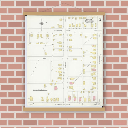 Old map wall art mockup — magnetic wood frame on brick wall — Sanborn Fire Insurance Map from Delaware, Delaware County, Ohio (1911), Sheet #0002
