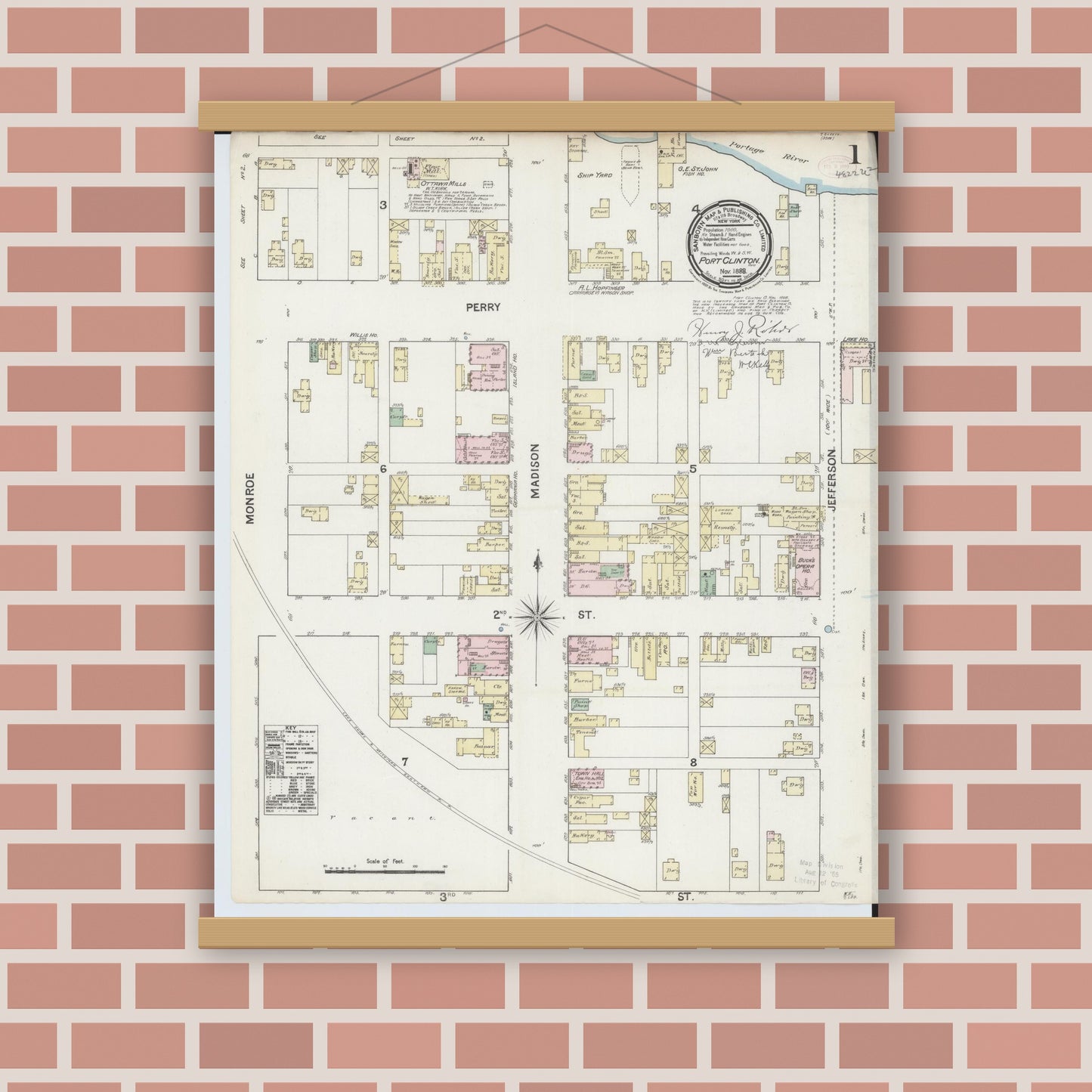 Old map wall art mockup — magnetic wood frame on brick wall — Sanborn Fire Insurance Map from Port Clinton, Ottawa County, Ohio (1888) - Complete Map Set