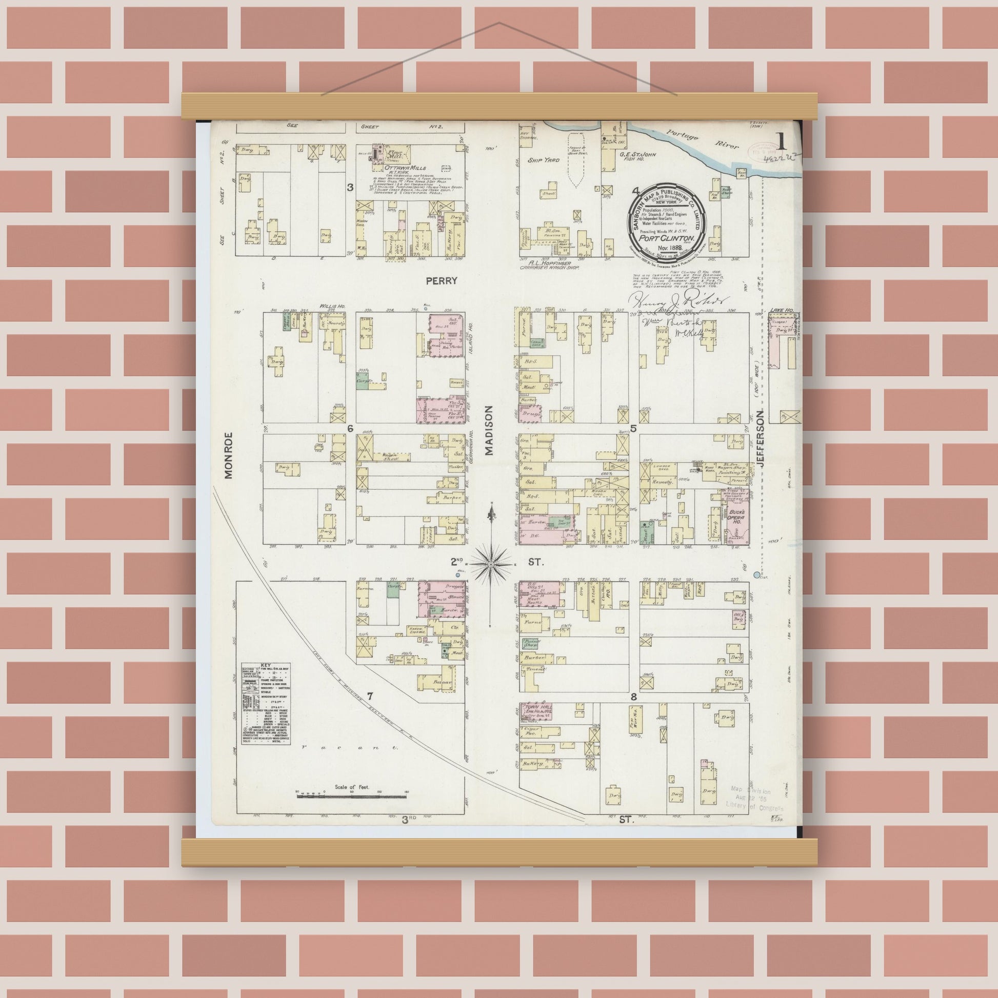 Old map wall art mockup — magnetic wood frame on brick wall — Sanborn Fire Insurance Map from Port Clinton, Ottawa County, Ohio (1888) - Complete Map Set