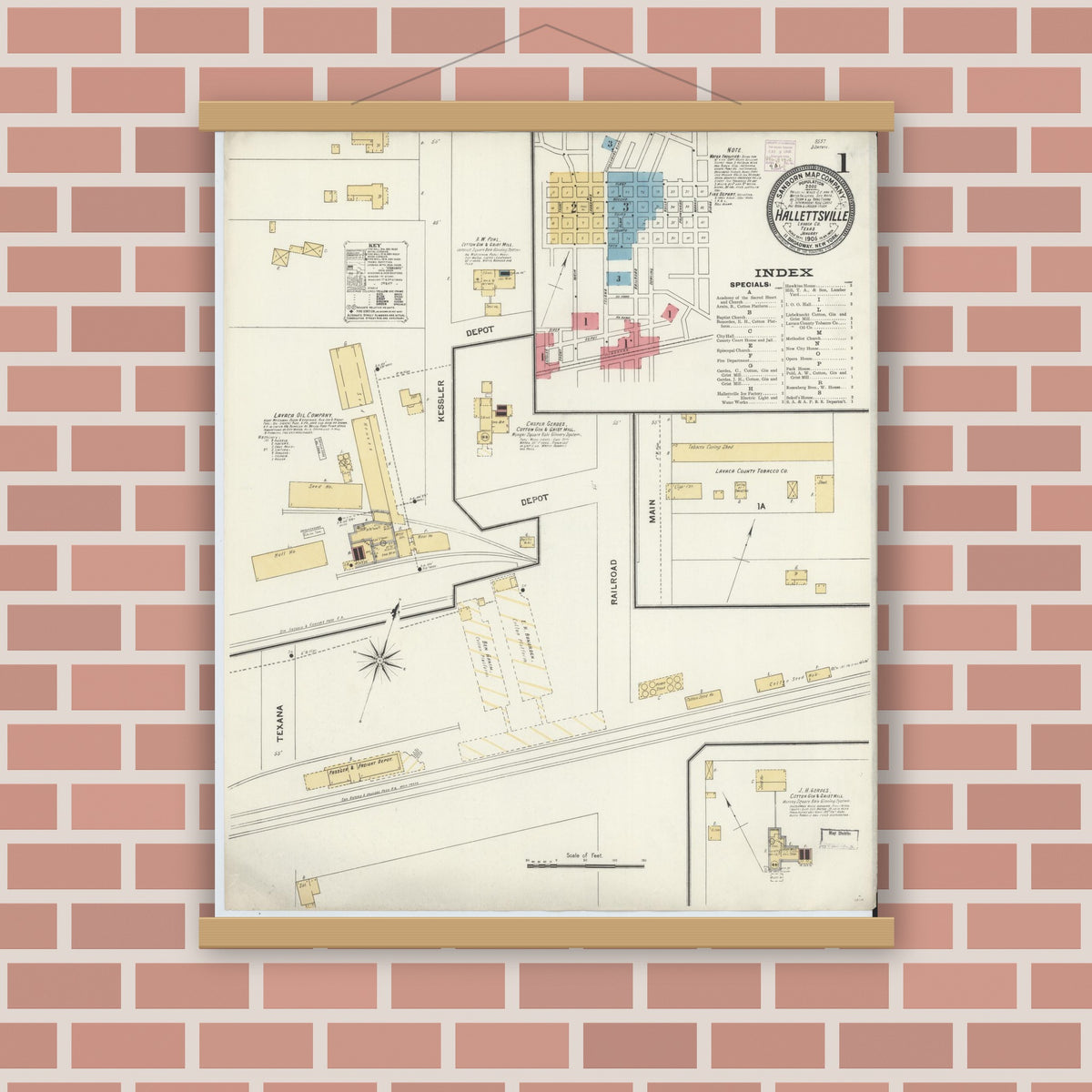 Old map wall art mockup — magnetic wood frame on brick wall — Sanborn Fire Insurance Map from Hallettsville, Lavaca County, Texas (1906) - Complete Map Set