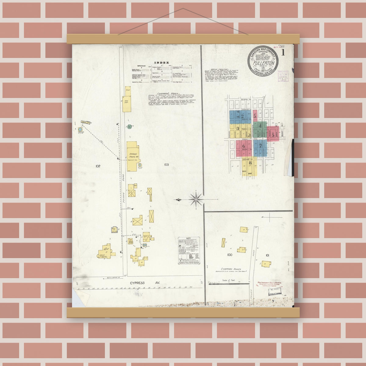 Old map wall art mockup — magnetic wood frame on brick wall — Sanborn Fire Insurance Map from Fullerton, Orange County, California (1907), Sheet #0001