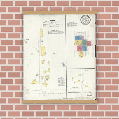 Old map wall art mockup — magnetic wood frame on brick wall — Sanborn Fire Insurance Map from Fullerton, Orange County, California (1907), Sheet #0001