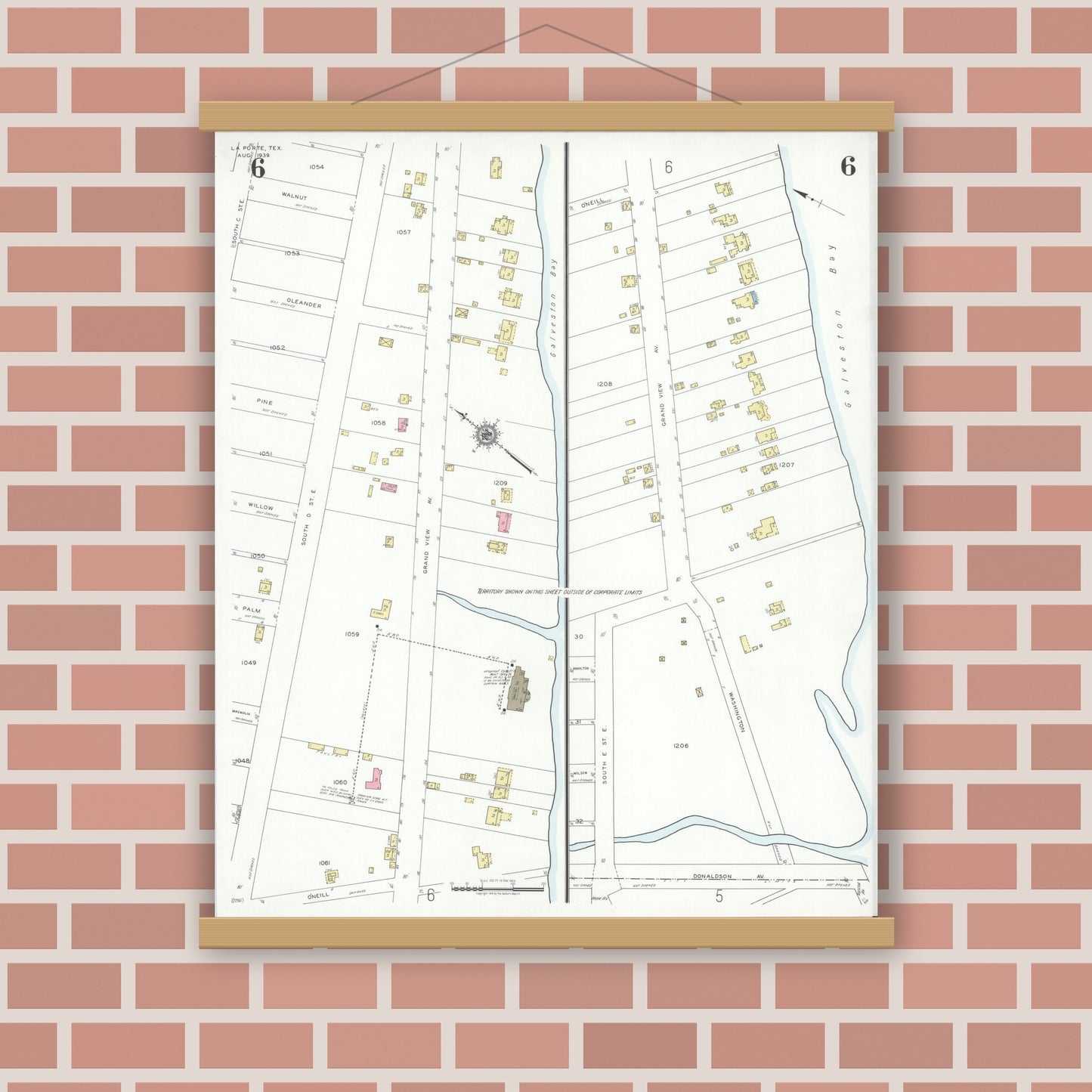 Old map wall art mockup — magnetic wood frame on brick wall — Sanborn Fire Insurance Map from La Porte, Harris County, Texas (1939), Sheet #0006