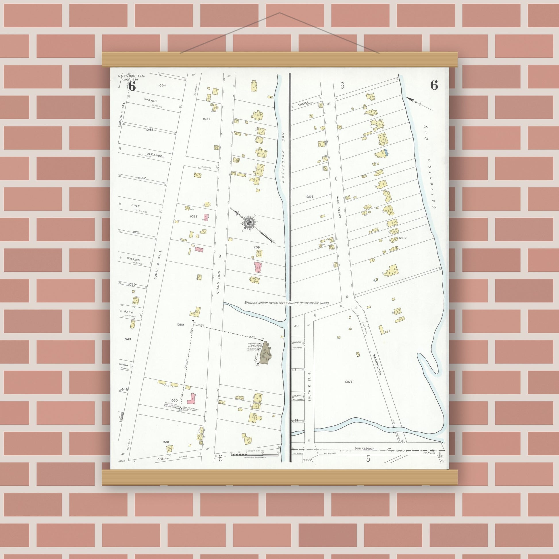 Old map wall art mockup — magnetic wood frame on brick wall — Sanborn Fire Insurance Map from La Porte, Harris County, Texas (1939), Sheet #0006