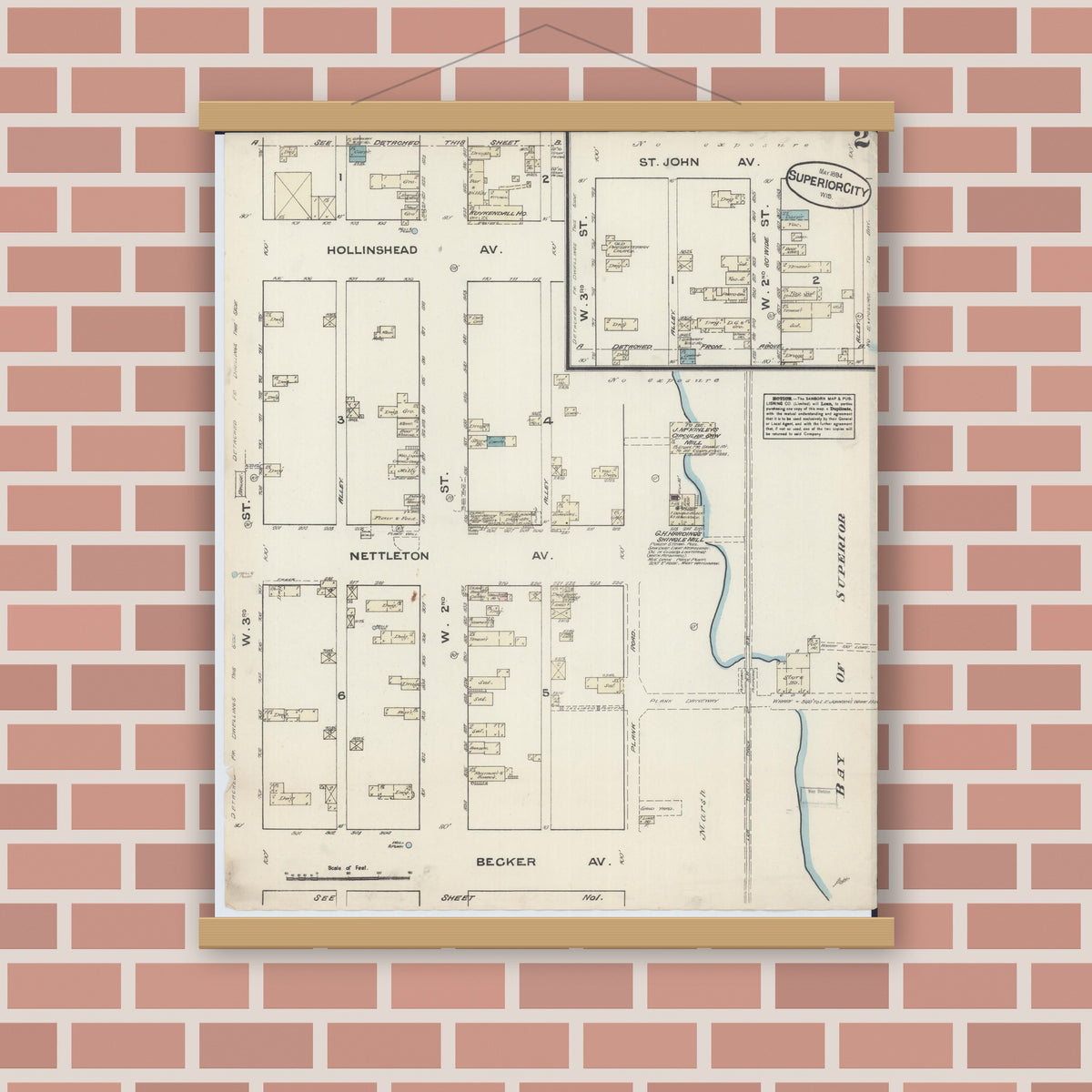 Old map wall art mockup — magnetic wood frame on brick wall — Sanborn Fire Insurance Map from Superior, Douglas County, Wisconsin (1884), Sheet #0002