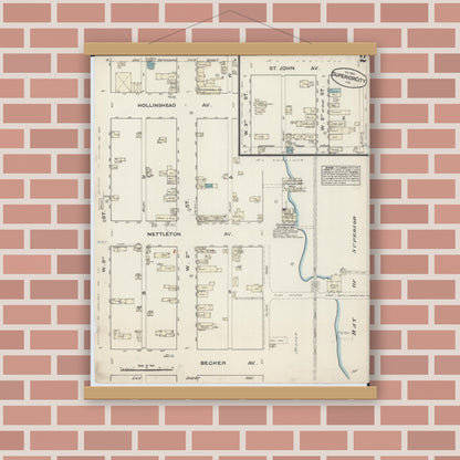 Old map wall art mockup — magnetic wood frame on brick wall — Sanborn Fire Insurance Map from Superior, Douglas County, Wisconsin (1884), Sheet #0002