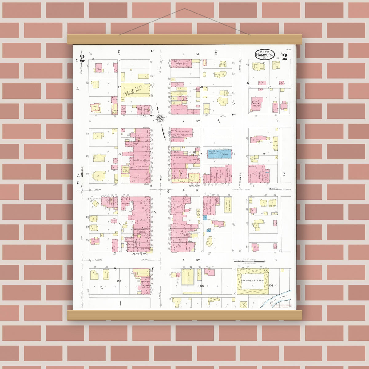 Old map wall art mockup — magnetic wood frame on brick wall — Sanborn Fire Insurance Map from Hamburg, Fremont County, Iowa (1930), Sheet #0002