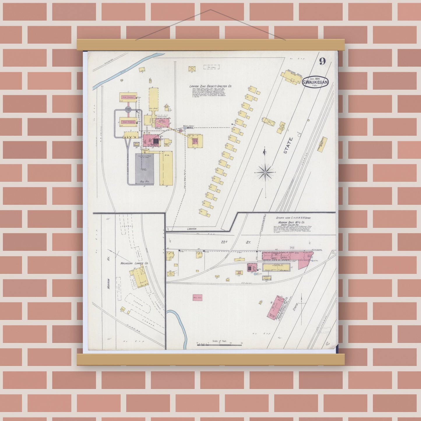 Old map wall art mockup — magnetic wood frame on brick wall — Sanborn Fire Insurance Map from Waukegan, Lake County, Illinois (1894), Sheet #0009