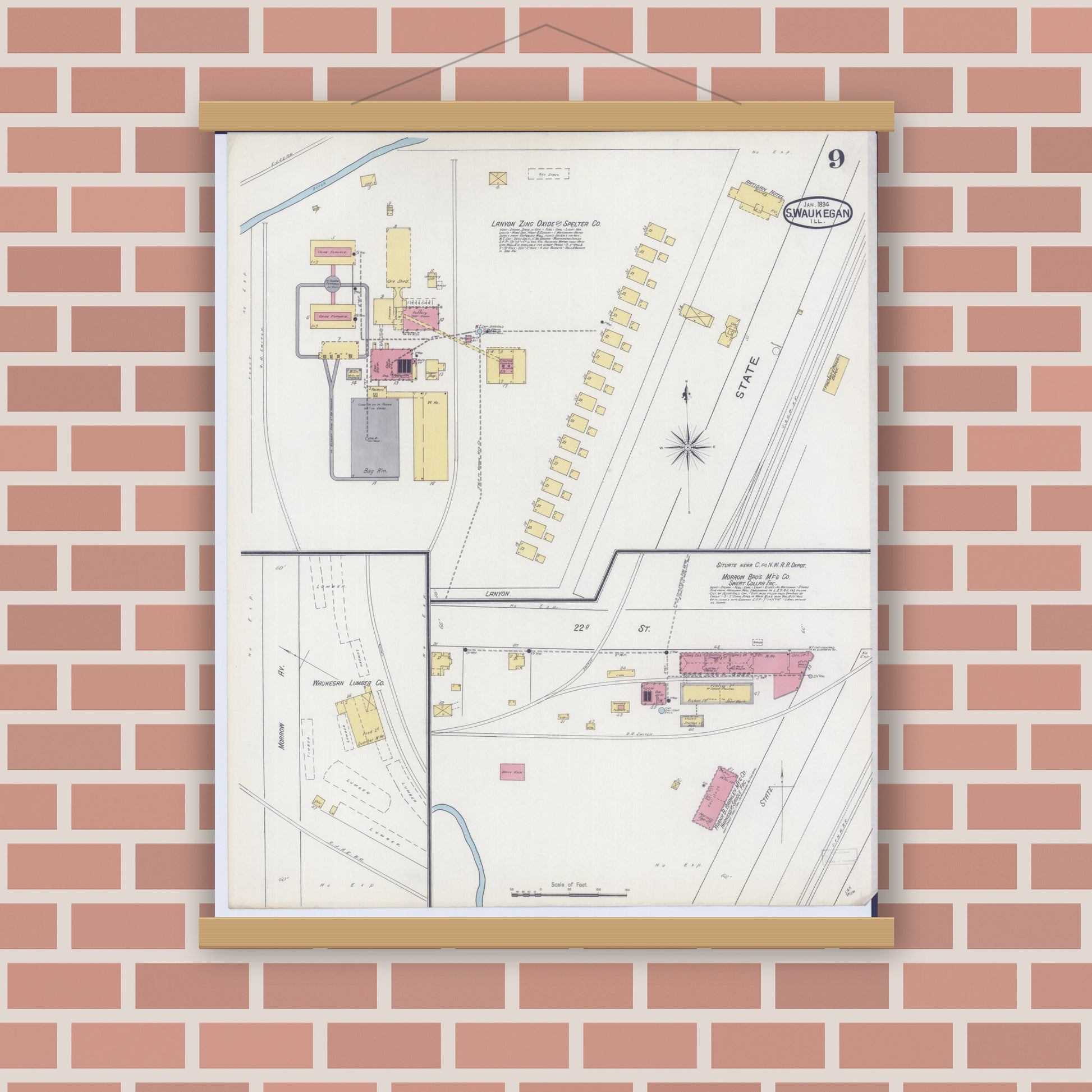 Old map wall art mockup — magnetic wood frame on brick wall — Sanborn Fire Insurance Map from Waukegan, Lake County, Illinois (1894), Sheet #0009