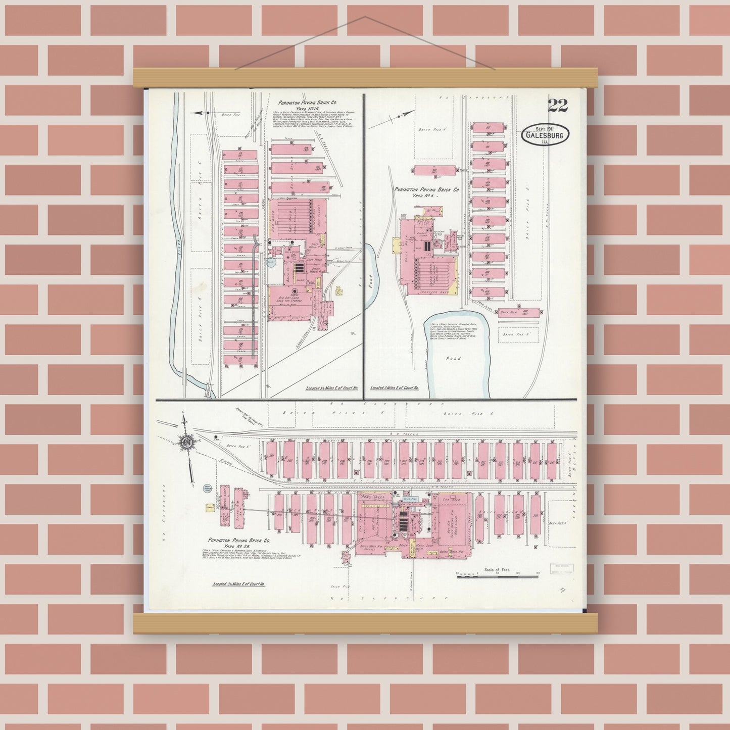 Old map wall art mockup — magnetic wood frame on brick wall — Sanborn Fire Insurance Map from Galesburg, Knox County, Illinois (1911), Sheet #0022