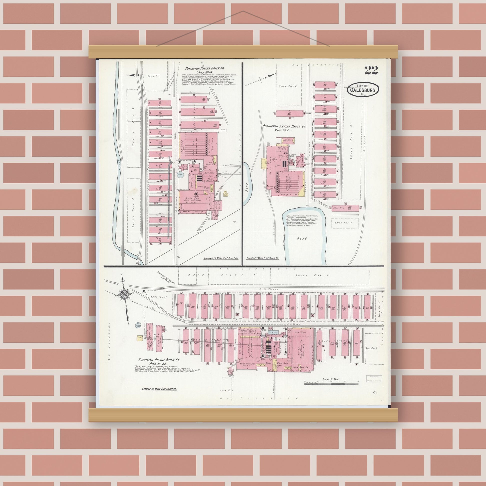 Old map wall art mockup — magnetic wood frame on brick wall — Sanborn Fire Insurance Map from Galesburg, Knox County, Illinois (1911), Sheet #0022