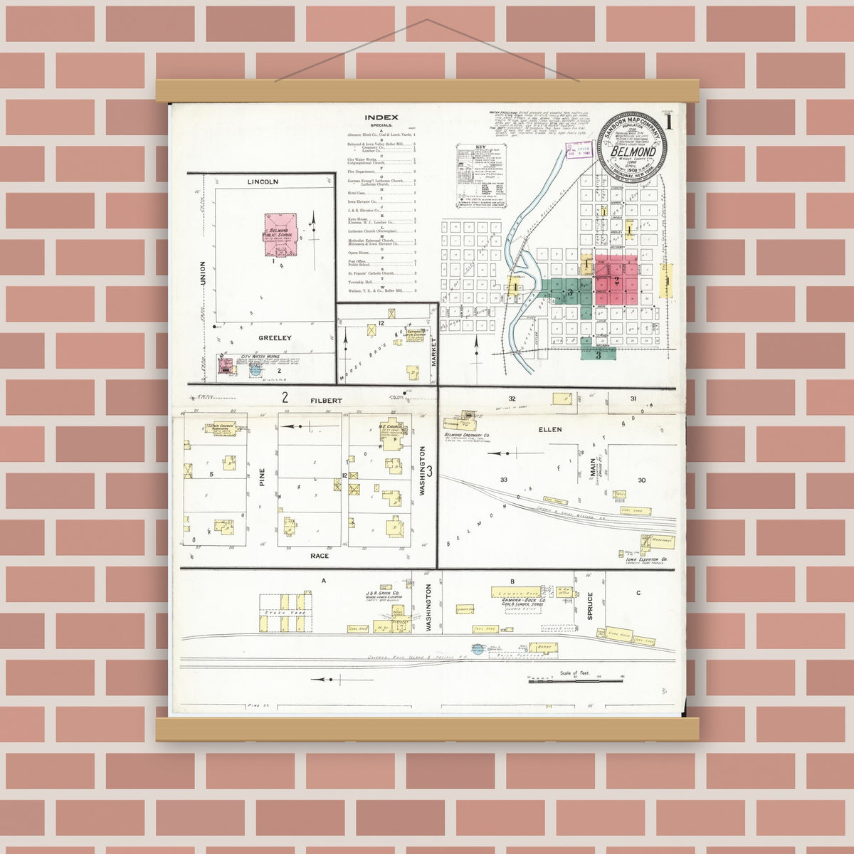 Old map wall art mockup — magnetic wood frame on brick wall — Sanborn Fire Insurance Map from Belmond, Wright County, Iowa (1909) â€” Complete Set
