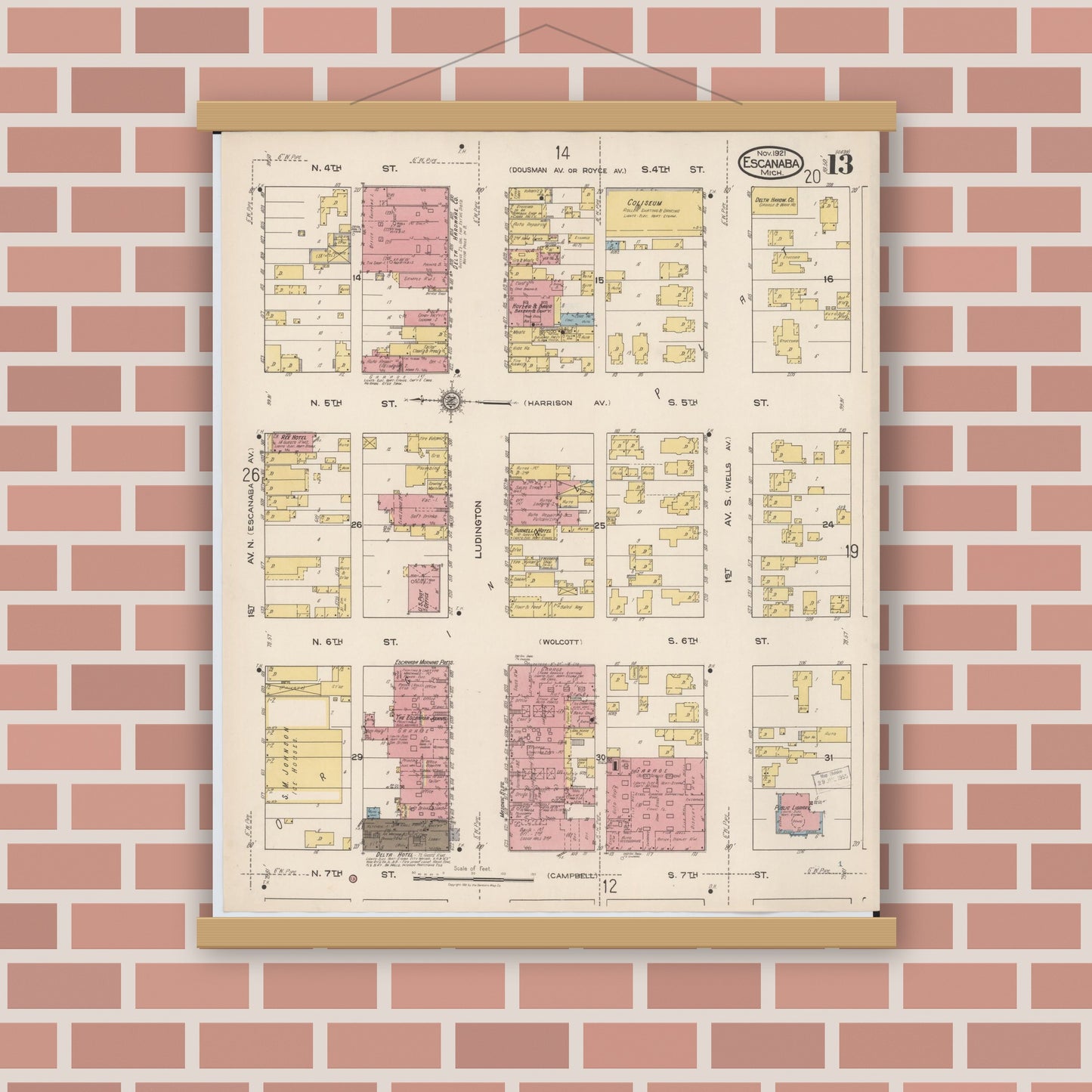 Old map wall art mockup — magnetic wood frame on brick wall — Sanborn Fire Insurance Map from Escanaba, Delta County, Michigan (1921), Sheet #0013