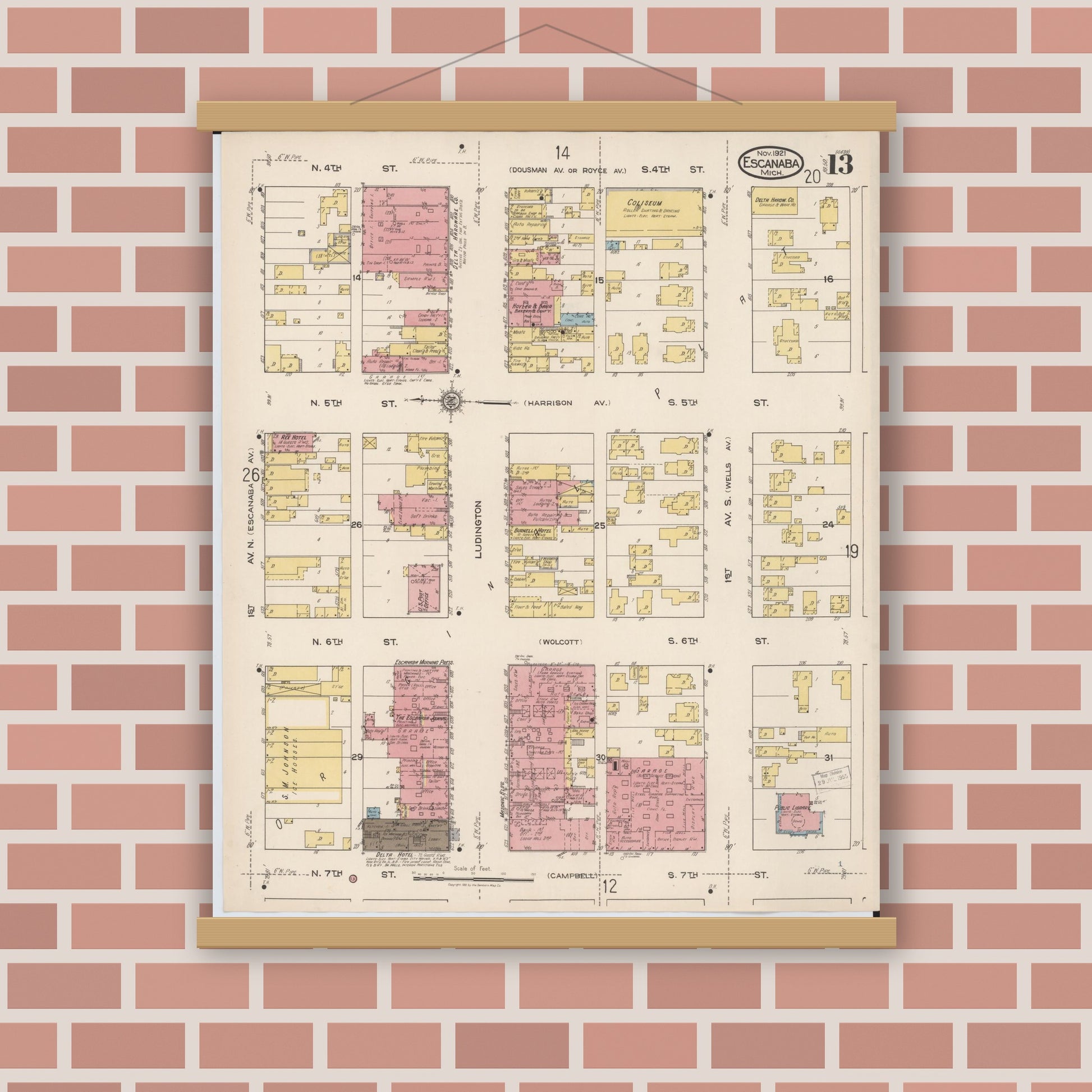 Old map wall art mockup — magnetic wood frame on brick wall — Sanborn Fire Insurance Map from Escanaba, Delta County, Michigan (1921), Sheet #0013