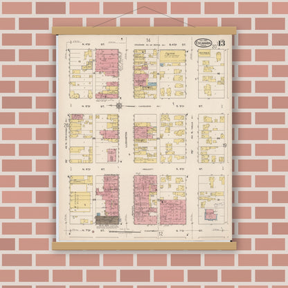 Old map wall art mockup — magnetic wood frame on brick wall — Sanborn Fire Insurance Map from Escanaba, Delta County, Michigan (1921), Sheet #0013