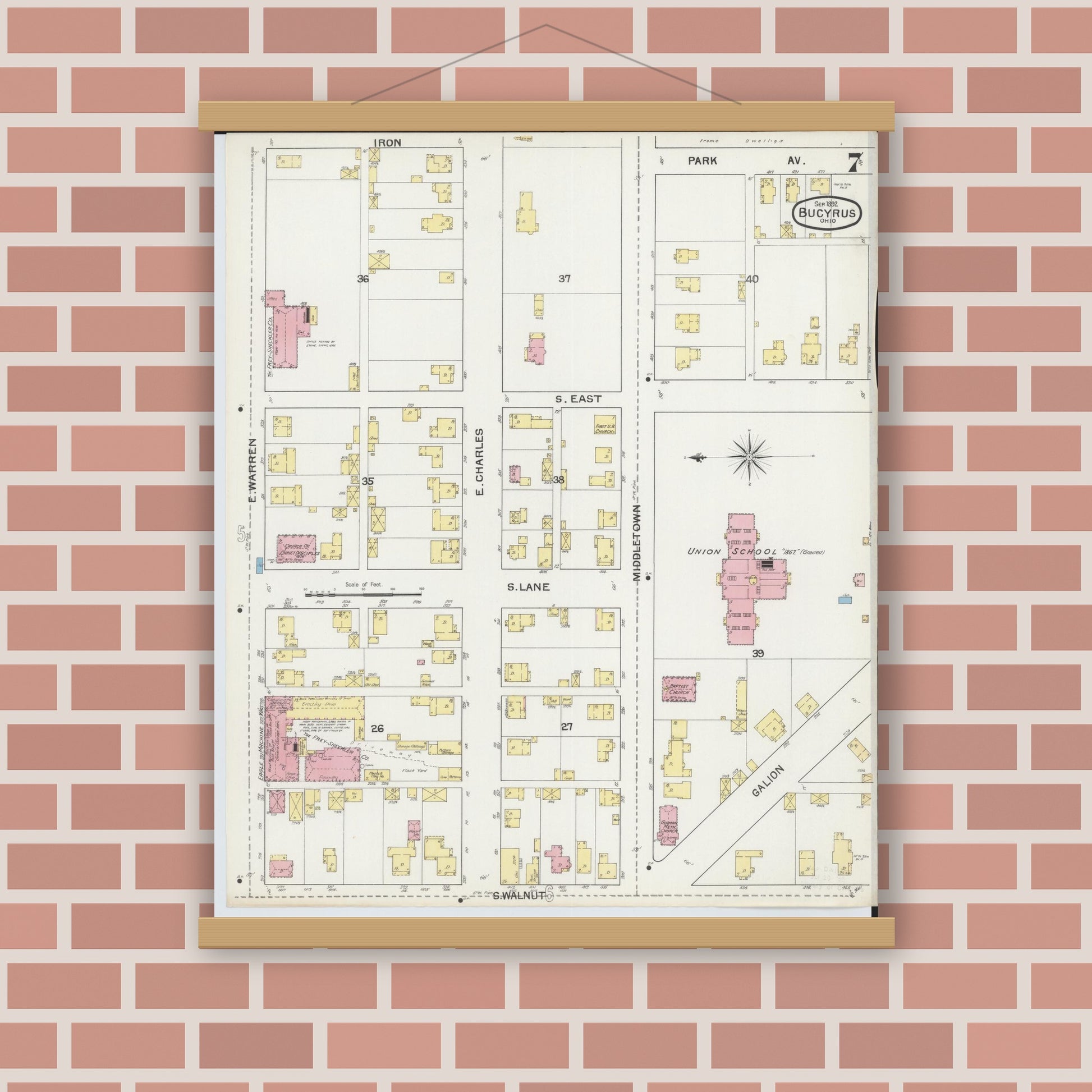 Old map wall art mockup — magnetic wood frame on brick wall — Sanborn Fire Insurance Map from Bucyrus, Crawford County, Ohio (1892), Sheet #0007