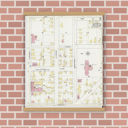 Old map wall art mockup — magnetic wood frame on brick wall — Sanborn Fire Insurance Map from Bucyrus, Crawford County, Ohio (1892), Sheet #0007