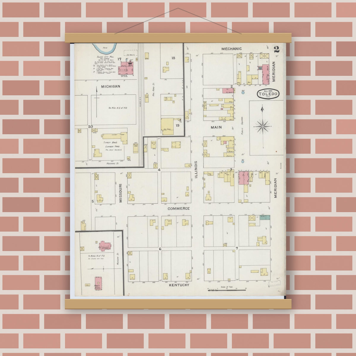 Old map wall art mockup — magnetic wood frame on brick wall — Sanborn Fire Insurance Map from Toledo, Cumberland County, Illinois (1893), Sheet #0002